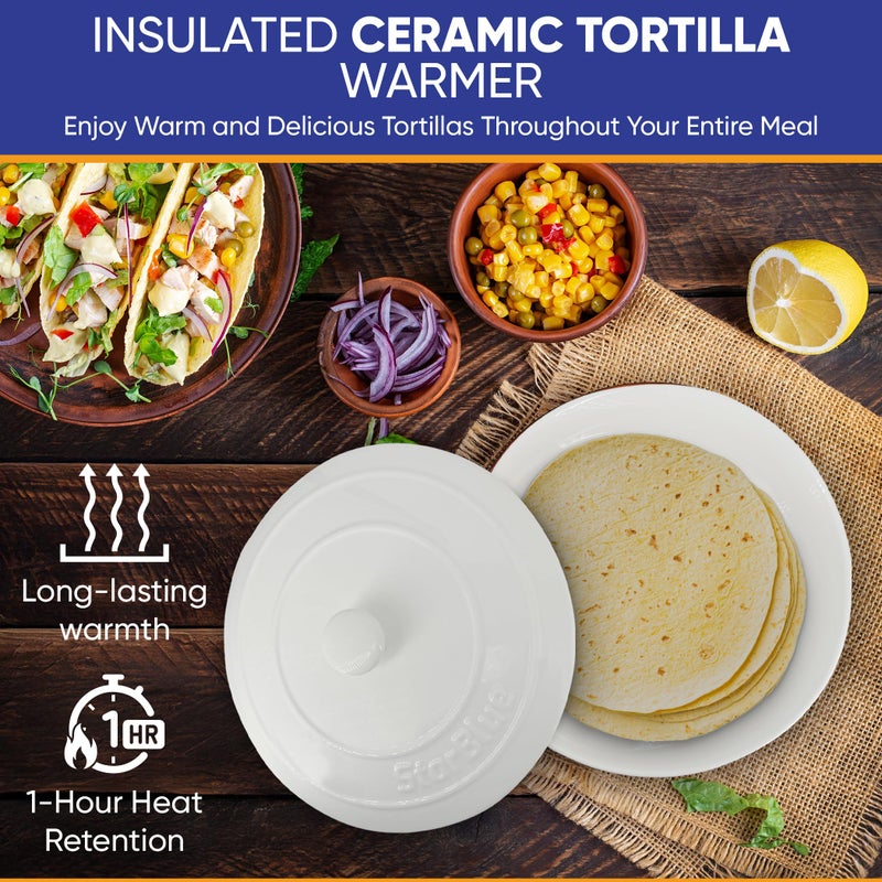 StarBlue 10 Inches Ceramic Tortilla Warmer by StarBlue with Free Recipes ebook - White, Insulated One Hour and Holds up to 24 Tortillas, Chapati, Roti, Microwavable, Oven Safe - Image 4